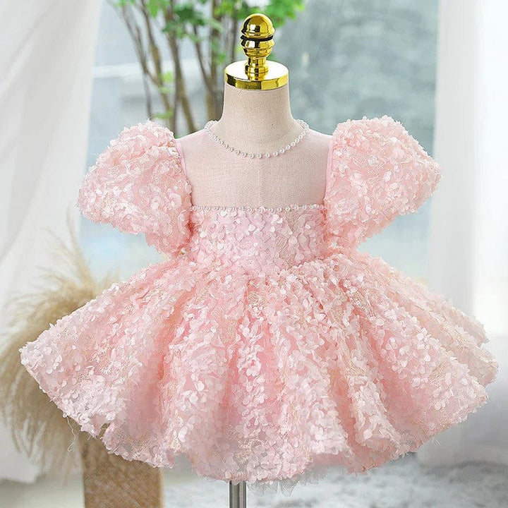 3m / Light Pink Sunnypetal Dreamy Light Pink Lace Floral Pearls Ball-Gown Flower Girl Dresses