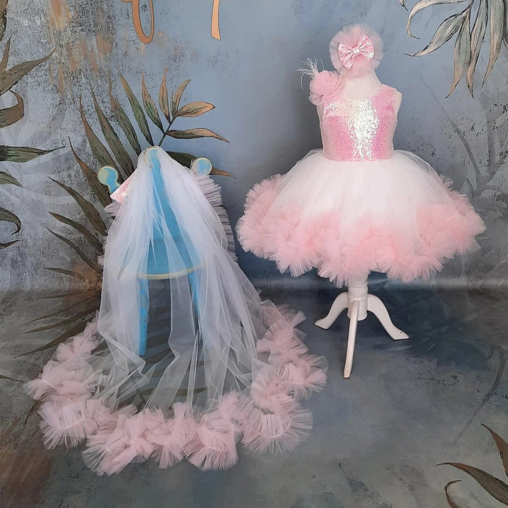 3m / Light Pink Sunnypetal Elegant Light Pink Sleeveless V Back Bow Ruffles Tulle Flower Girl Dresses