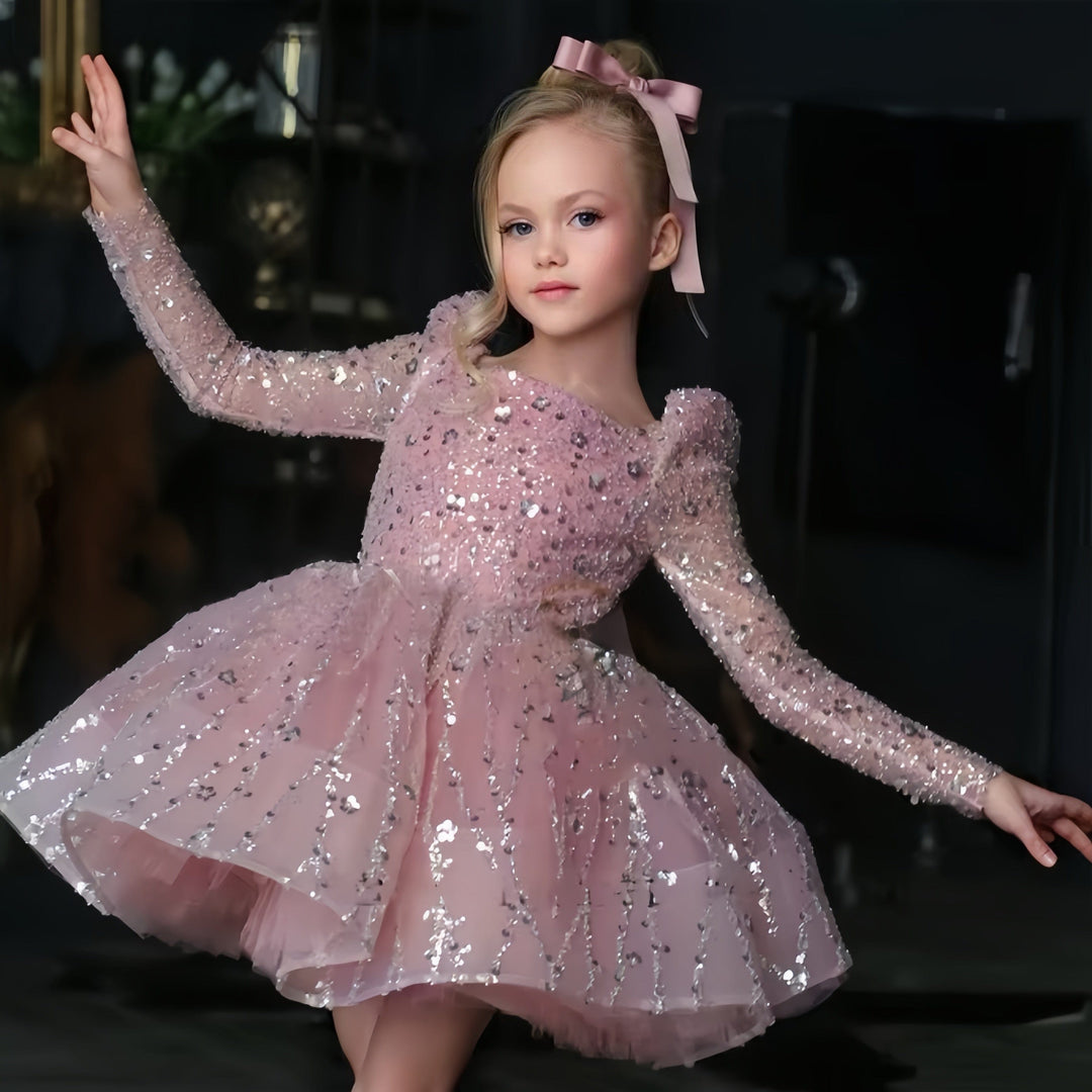 3m / Light Pink Sunnypetal Glitter Sequins Flower Girl Dress Short Wedding Birthday Party Pageant Dress