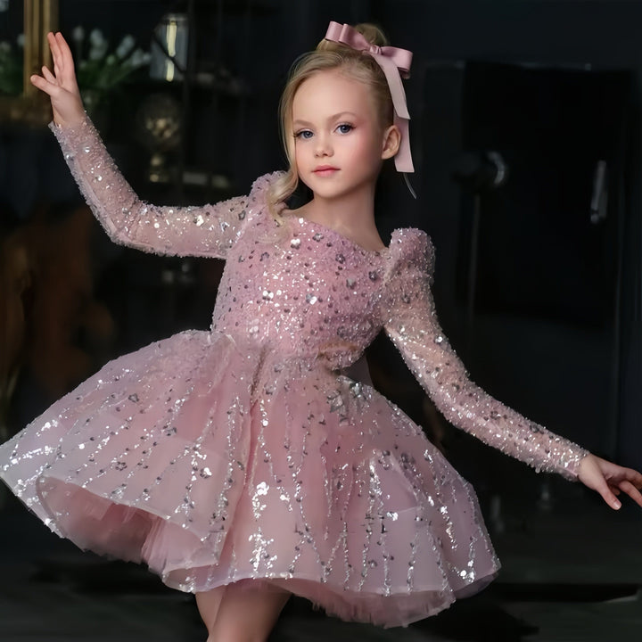 3m / Light Pink Sunnypetal Glitter Sequins Flower Girl Dress Short Wedding Birthday Party Pageant Dress