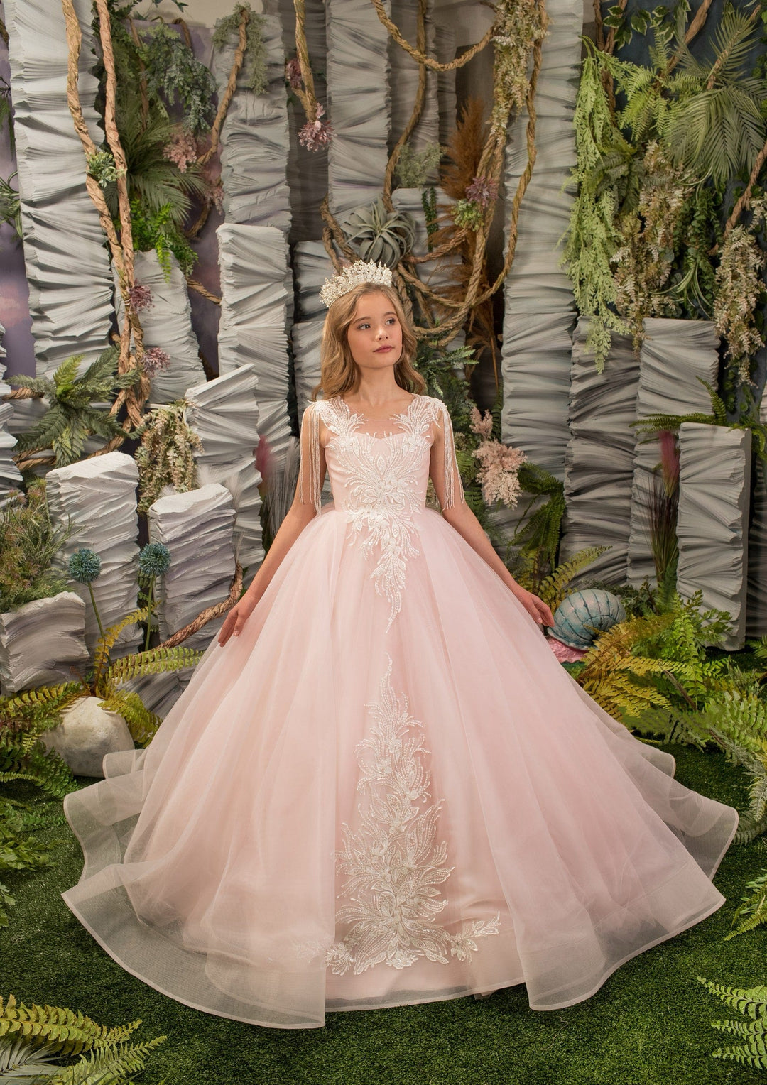 3m / Light Pink Sunnypetal Light Pink Ball-Gown Tulle Dress Shoulder Tassels Floral Lace Appliques Flower Girl Dress