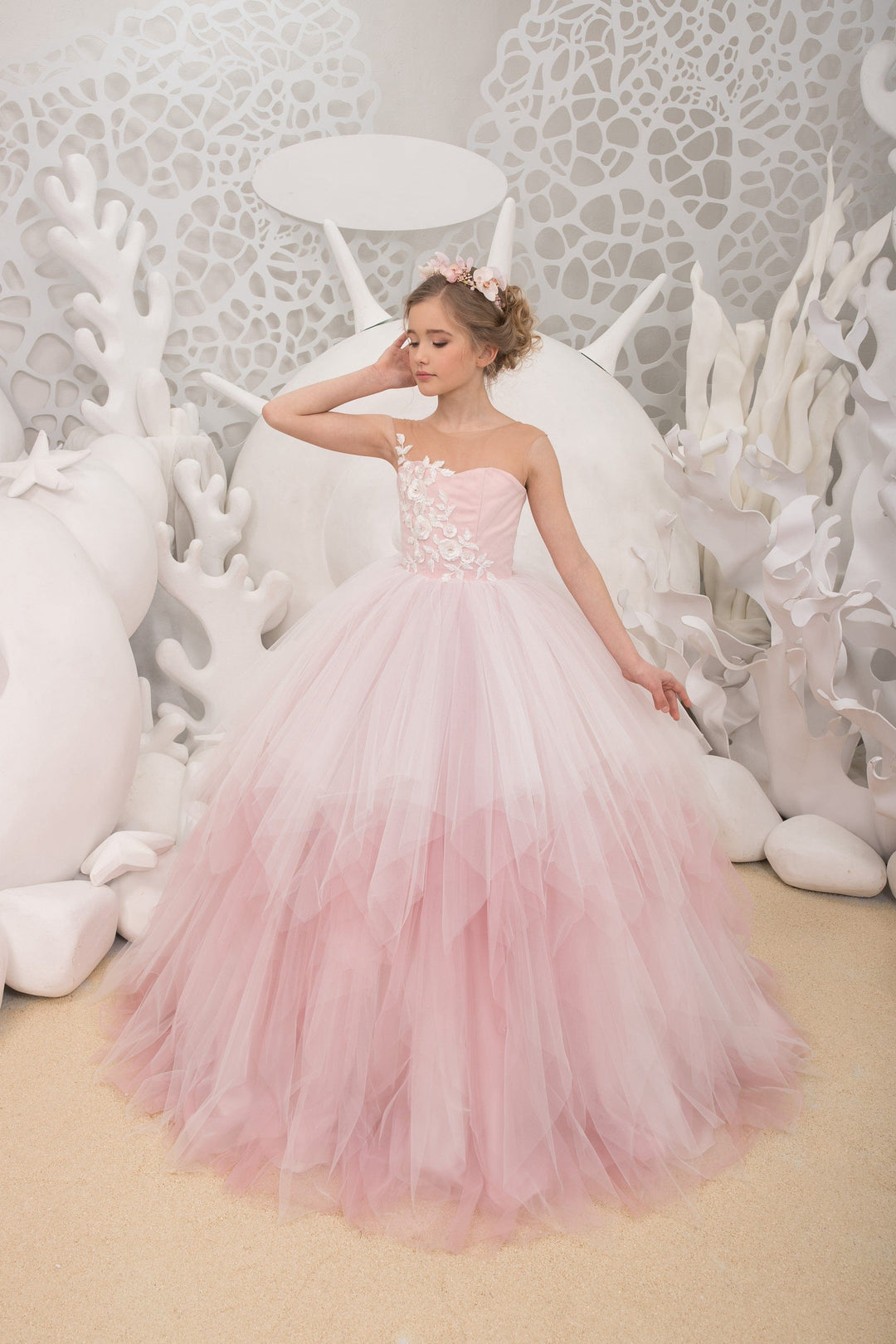 3m / Light Pink Sunnypetal Light Pink Graceful Gradient Tulle Floral Embroidery Appliques Bodice Flower Girl Dresses