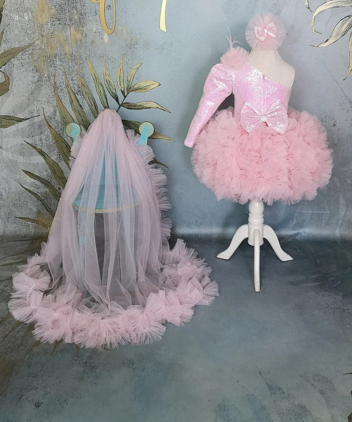 3m / Light Pink Sunnypetal Light Pink One-Shoulder Long Sleeve Sequin Ruffle Tulle Flower Girl Dresses