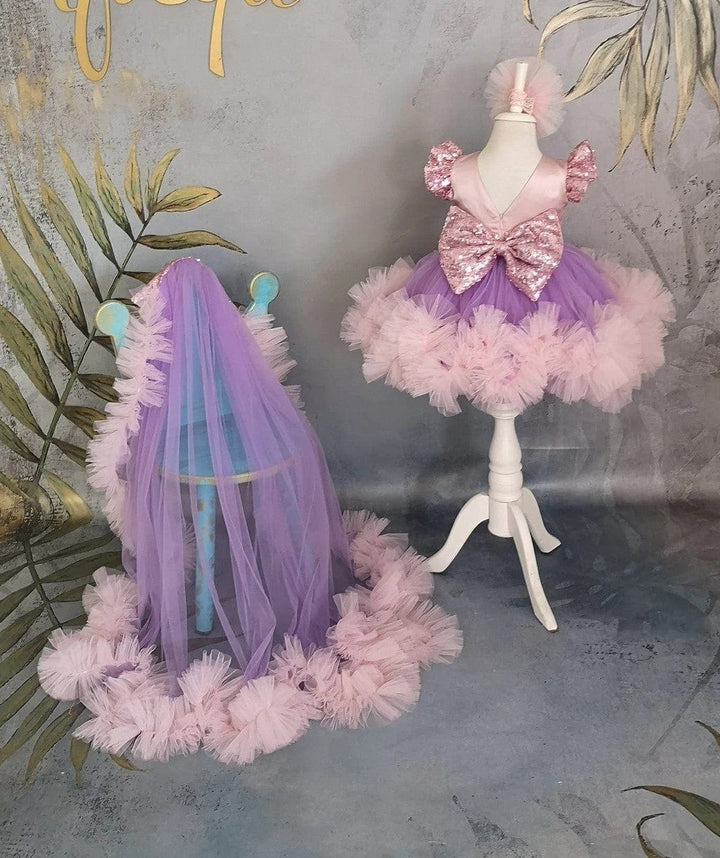 3m / Lilac and Pink Sunnypetal Baby Toddler Girl Pageant Dress 1st Birthday Prom Gown with Detachable Train
