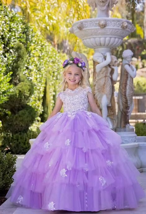 3m / Lilac Sunnypetal Exquisite Lilac Flower Girl Dresses Appliques Tulle Wedding Pageant Birthday Prom Gown