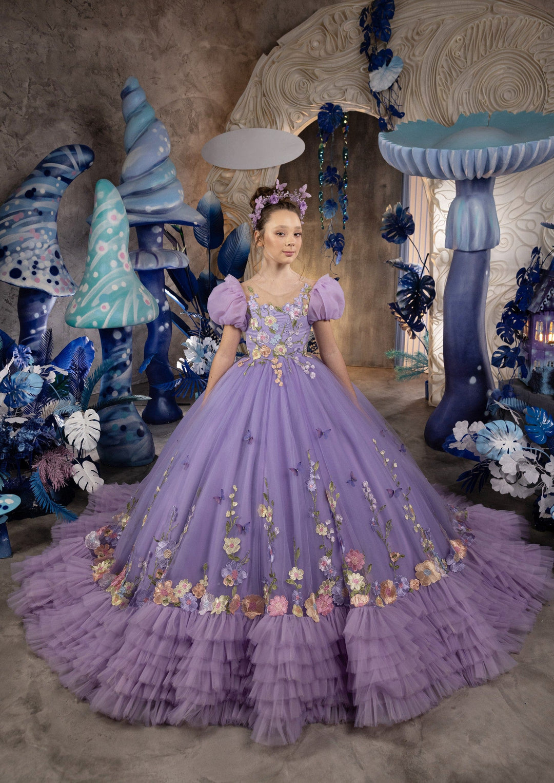 3m / Lilac Sunnypetal Exquisite Puff Sleeves Ruffles Tulle Flower Girl Gown with Floral Embellishments