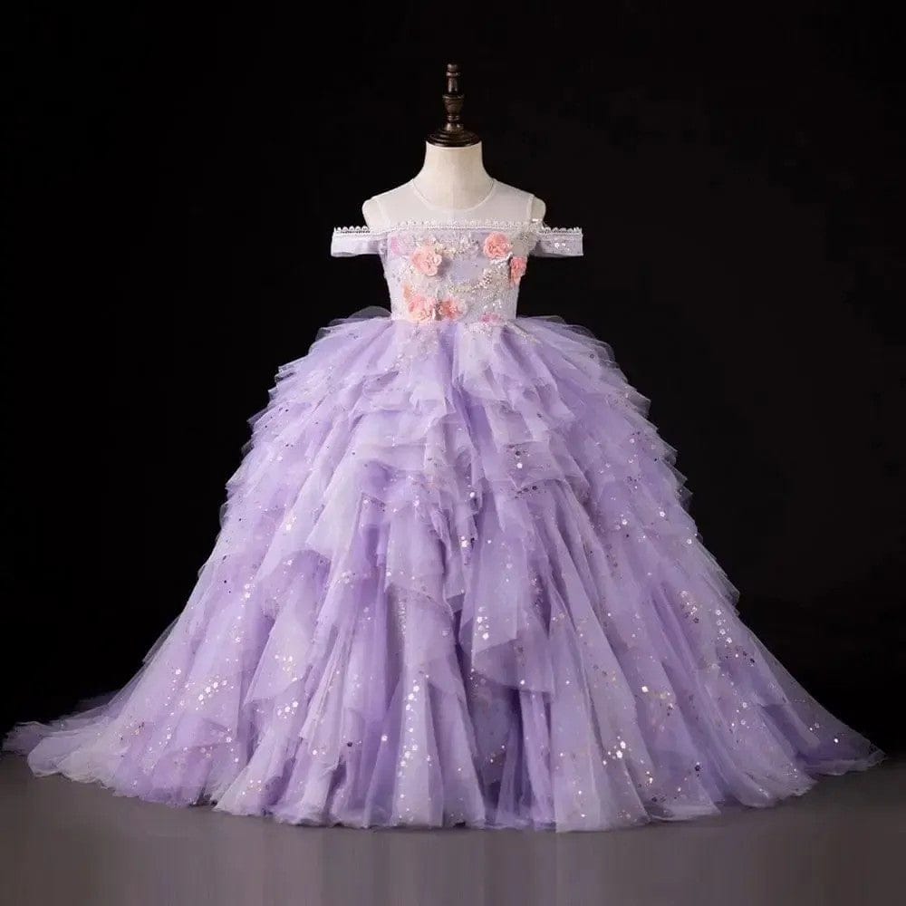 3m / Lilac Sunnypetal Lilac 3D Floral Ruffle Flower Girl Dress with Pearls and Sequins