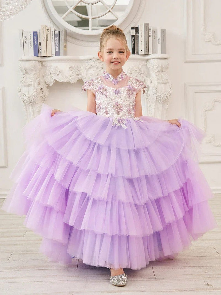 3m / Lilac Sunnypetal Lilac Appliques Lace Flower Ruffles Tulle Floor-Length Flower Girl Dresses