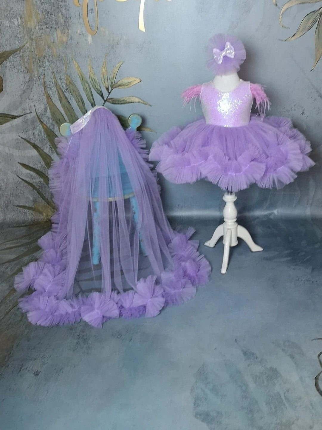 3m / Lilac Sunnypetal Lilac Feather Sleeves Knee-Length Flower Girl Dress for Special Occasions