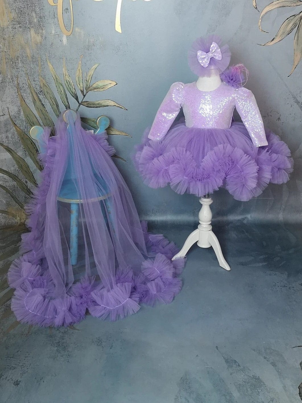 3m / Lilac Sunnypetal Lilac Flower Girl Dress Long Sleeve Sequin Girl Prom Party with Detachable Train