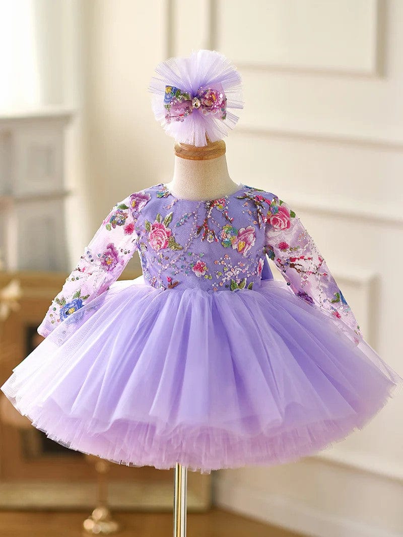 3m / Lilac Sunnypetal Lilac Long Sleeves Floral Embroidery Puff Tulle Flower Girl Dresses