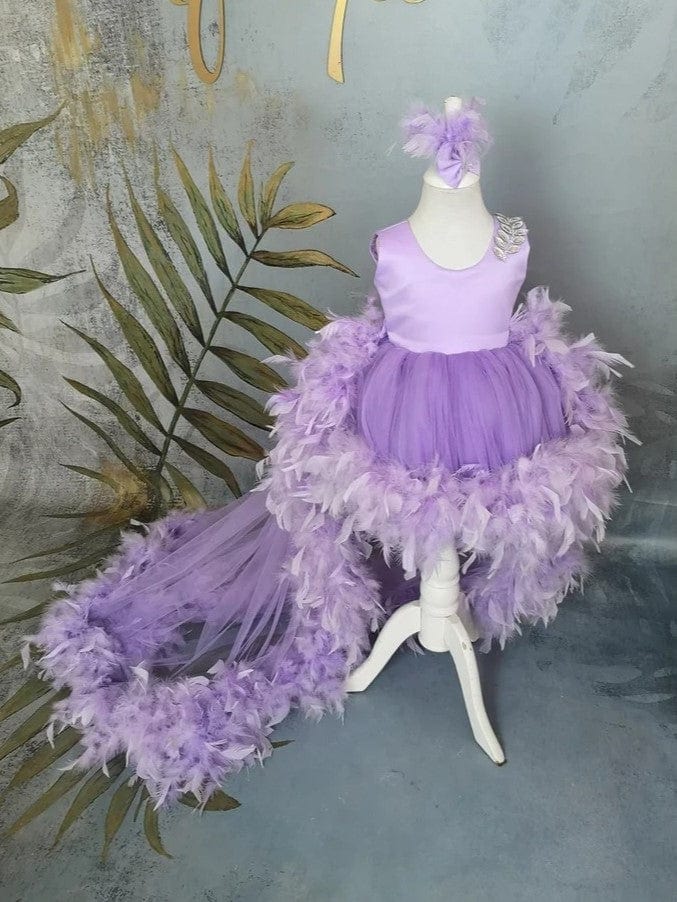 3m / Lilac Sunnypetal Lilac Sleeveless Feathers Tulle Flower Girl Dresses with Detachable Train