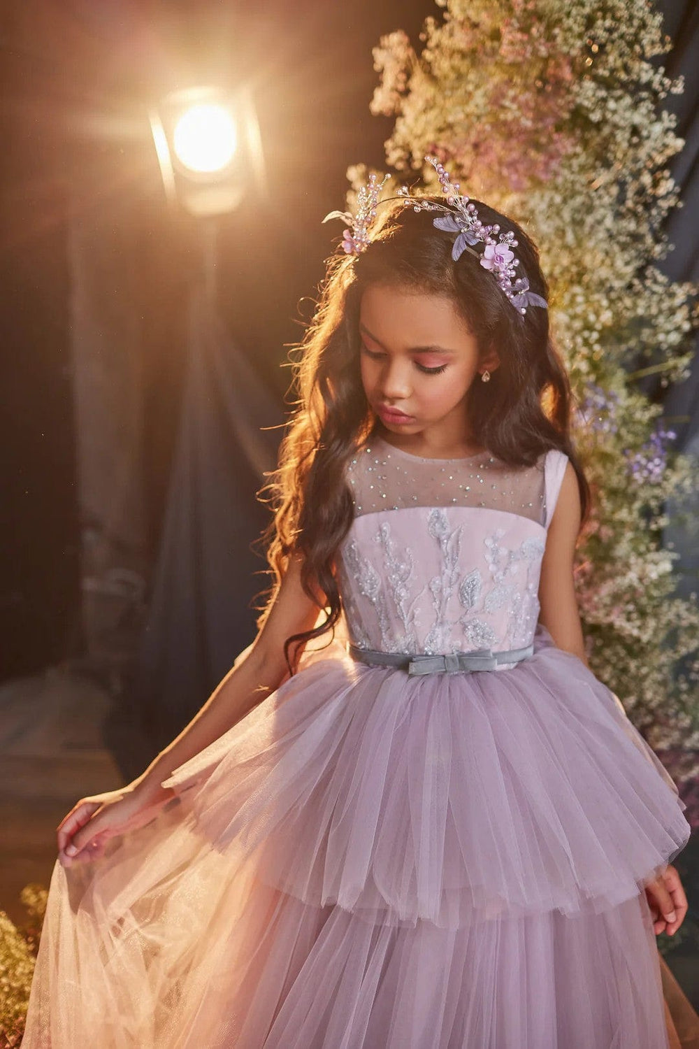 3m / Lilac Sunnypetal Sleeveless Princess Tulle Gown Wedding Prom Pageant Flower Girl Dresses