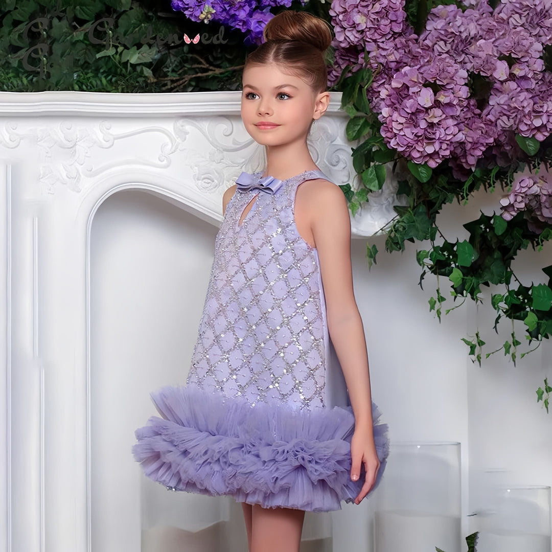 3m / Lilac Sunnypetal Sparkly Lilac Tiered Tulle Knee-Length Princess Birthday Flower Girl Dresses