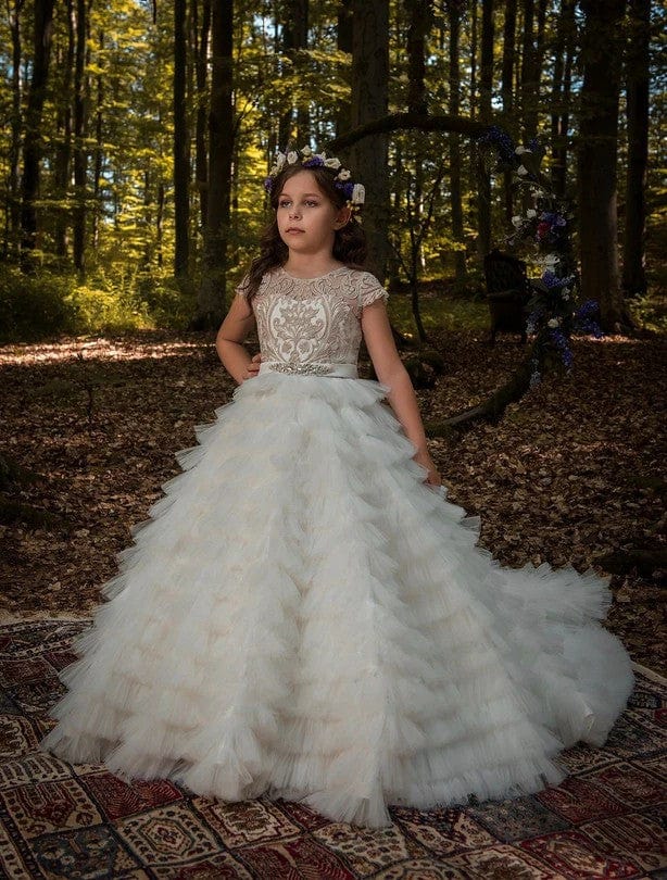 3m / lvory Sunnypetal Gold Lace and lvory Tulle Flower Girl Ball Gown with Cascading Ruffles