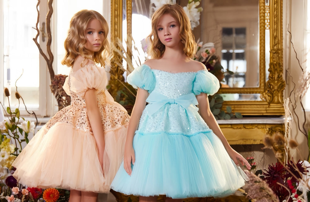 3m / Mint Blue Sunnypetal Fairytale Puff Sleeves Off-Shoulder Sequins Bow Party Pageant Flower Girl Dresses
