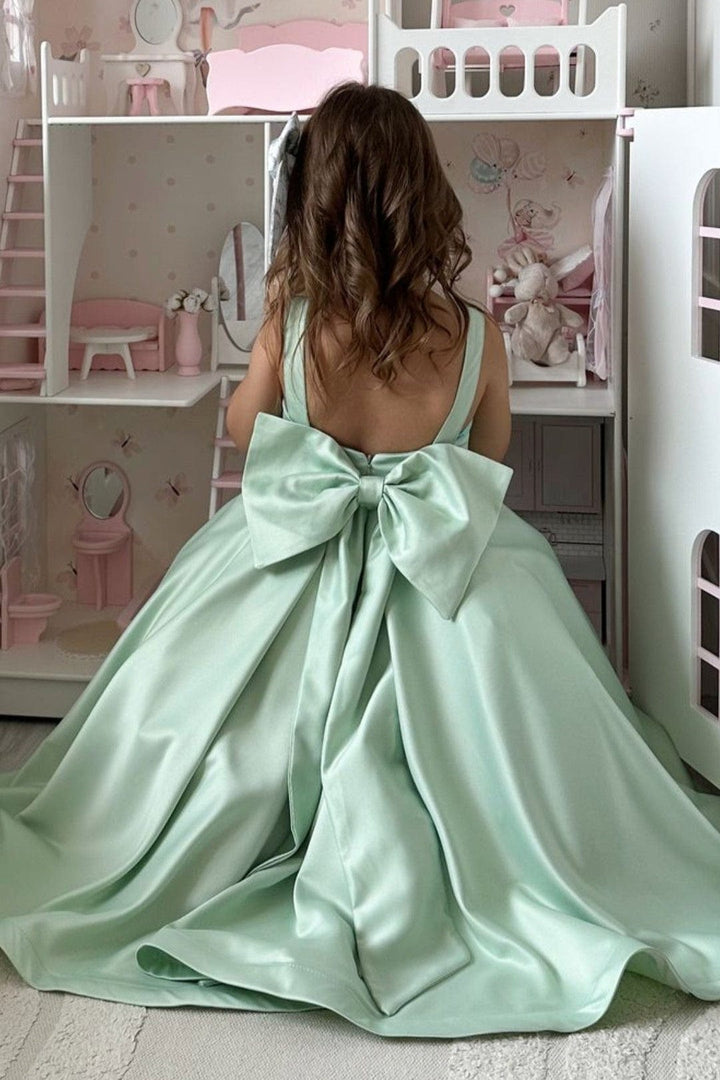 3m / Mint Green Sunnypetal Elegant Mint Green Satin Sleeveless Flower Girl Princess Dress with Bow for Weddings