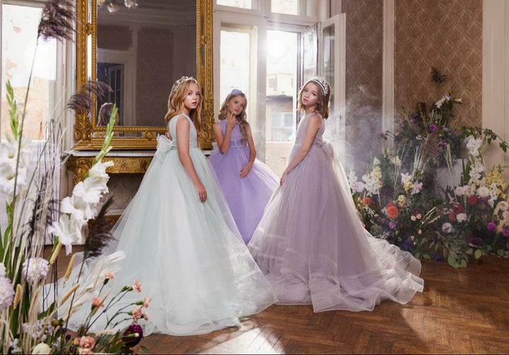 3m / Mint Green Sunnypetal Elegant Tulle Flower Girl Dress with Delicate Beads and Flowing Train