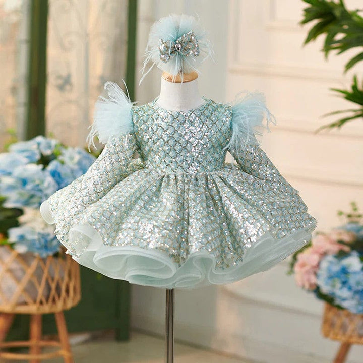 3m / Mint Green Sunnypetal Mint Green Long Sleeves Sequined Ball-Gown Flower Girl Dress