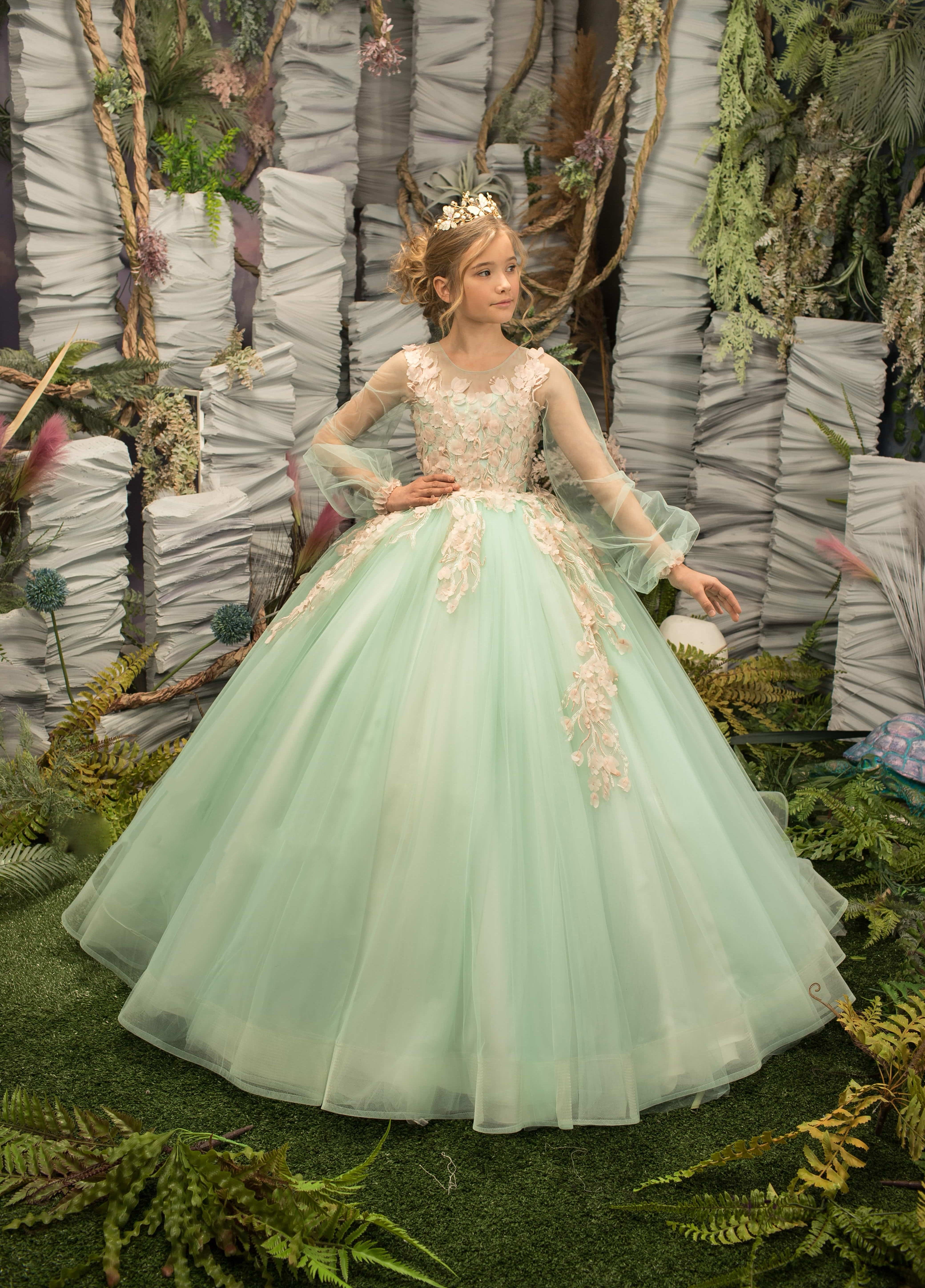 flower girl dresses mint green Sunnypetal Mint Green Long Sleeves Tulle Appliques Floral Flower Girl  Dresses with Train
