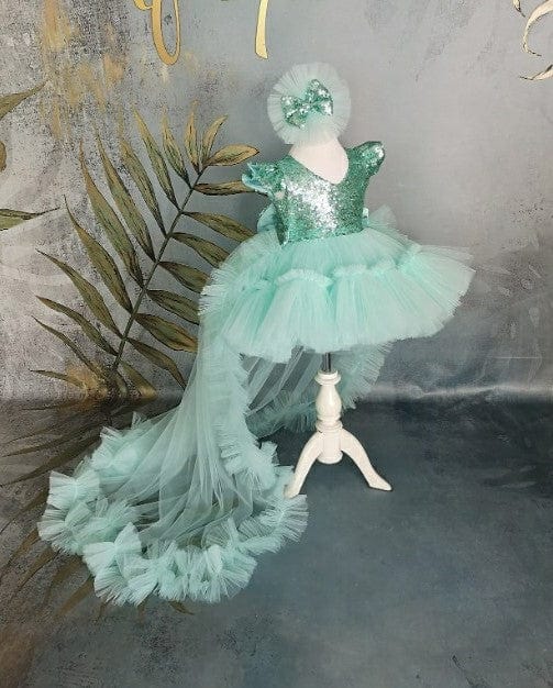 3m / Mint Green Sunnypetal Mint Green Ruffled Sleeves Sequins Knee-Length Tulle Baby Girl Dress