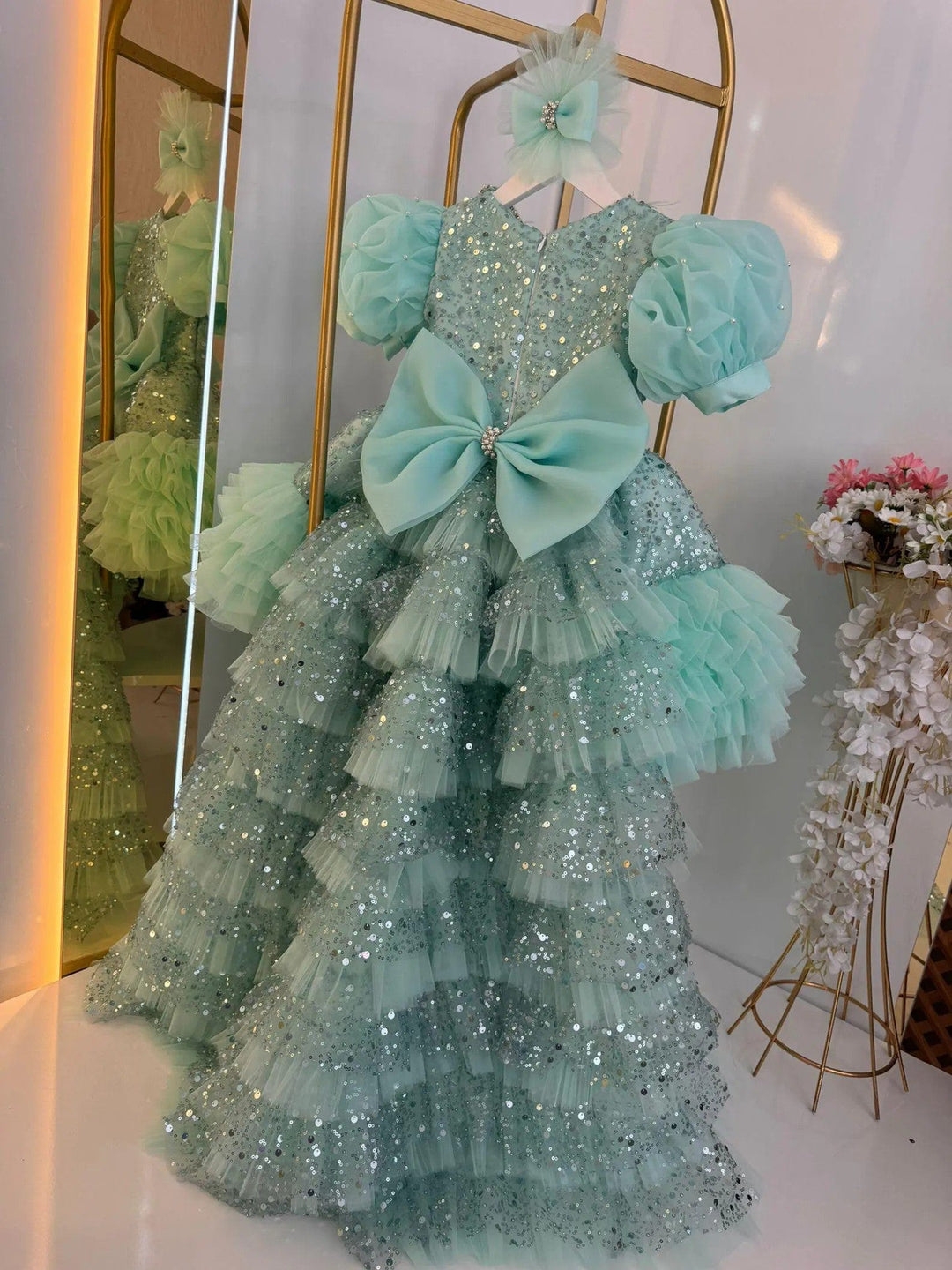 3m / Mint Green Sunnypetal Mint Puff Sleeves Sequin Ruffles Tulle Flower Girl Dress with Detachable Train