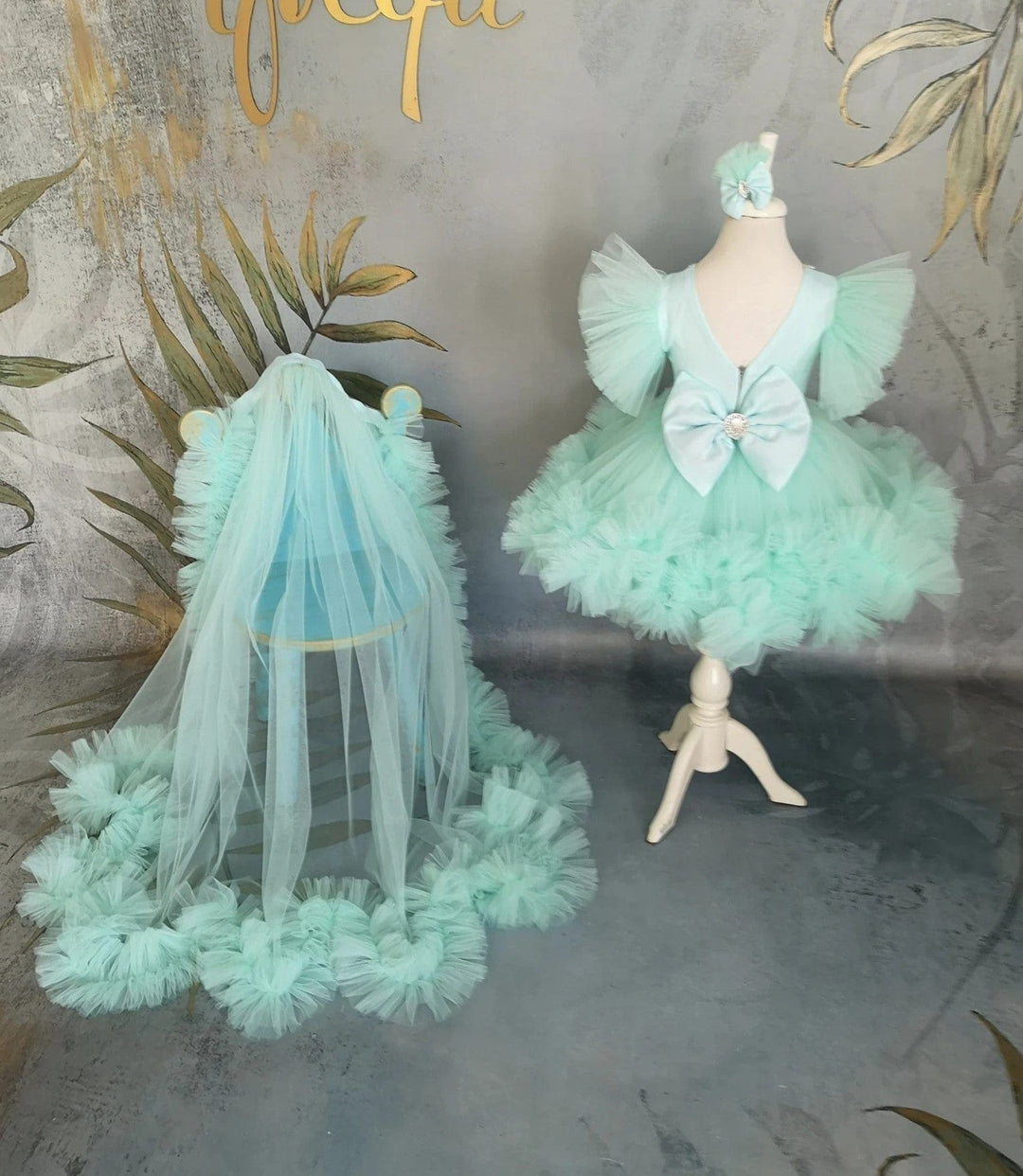 3m / Mint Sunnypetal Mint Puff Tulle Knee-Length Dress Baby Girl Pageant Prom Gown