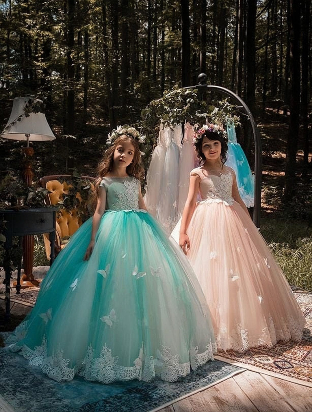3m / Mint Sunnypetal Scoop Neck Lace Tulle Flower Girl Dresses with 3D Butterfly Applique