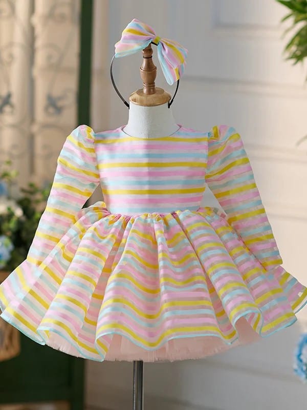 3m / Multicolor Sunnypetal Pastel Rainbow Stripe Long Sleeve Flower Girl Dress
