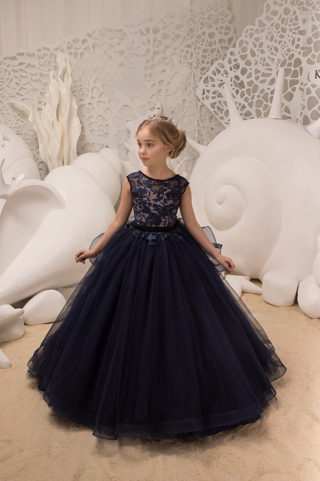 3m / Navy Sunnypetal Navy Appliques Bodice Long Tulle Flower Girl Dress with Beading Belt