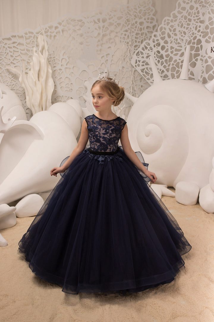 3m / Navy Sunnypetal Navy Appliques Bodice Long Tulle Flower Girl Dress with Beading Belt