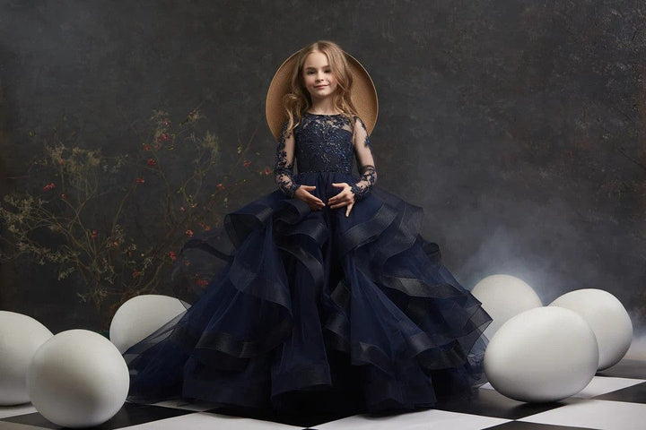 3m / Navy Sunnypetal Navy Long Sleeves Floral Appliques Layered Tulle Flower Girl Gown