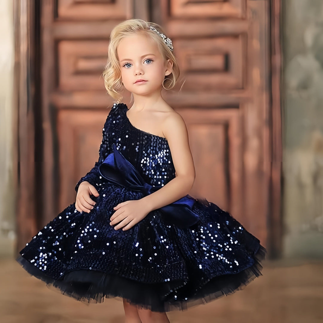 3m / Navy Sunnypetal One-Shoulder Shiny Sequins Tulle Ball Gown Baby Toddler Girl Dresses with Bow