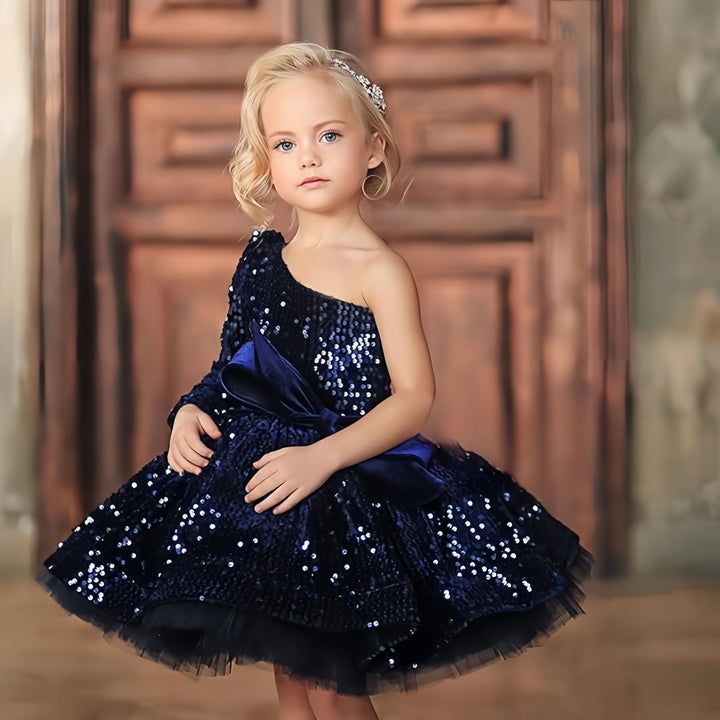 3m / Navy Sunnypetal One-Shoulder Shiny Sequins Tulle Ball Gown Baby Toddler Girl Dresses with Bow
