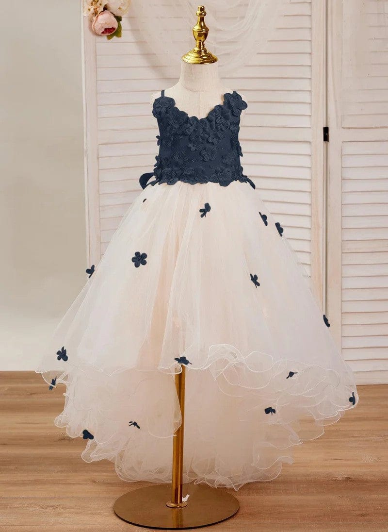 3m / Navy Sunnypetal Pink 3D Flower Sleeveless Tulle Asymmetrical Flower Girl Dress