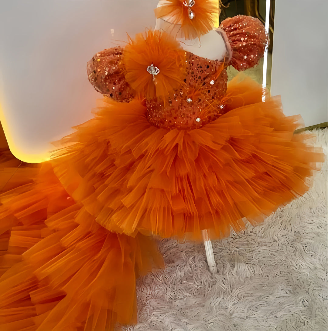 3m / Orange Sunnypetal Luxurious High Low Tulle Sequins Flower Girl Dresses Pageant Prom Evening Gown