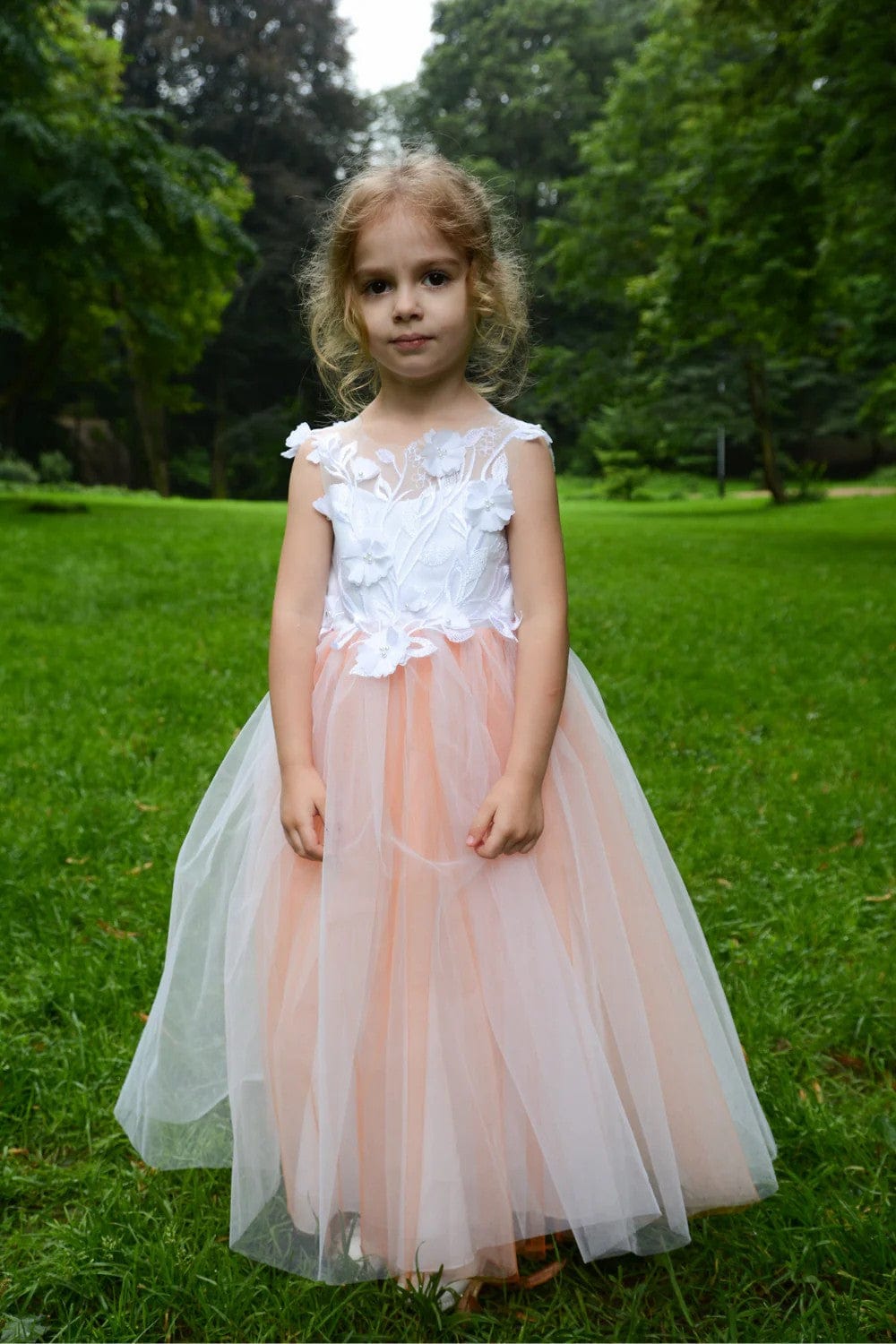 3m / Orange Without Train Sunnypetal Puffy Tulle Flower Girl Dress Lace Sleeveless Wedding Birthday Party Dresses