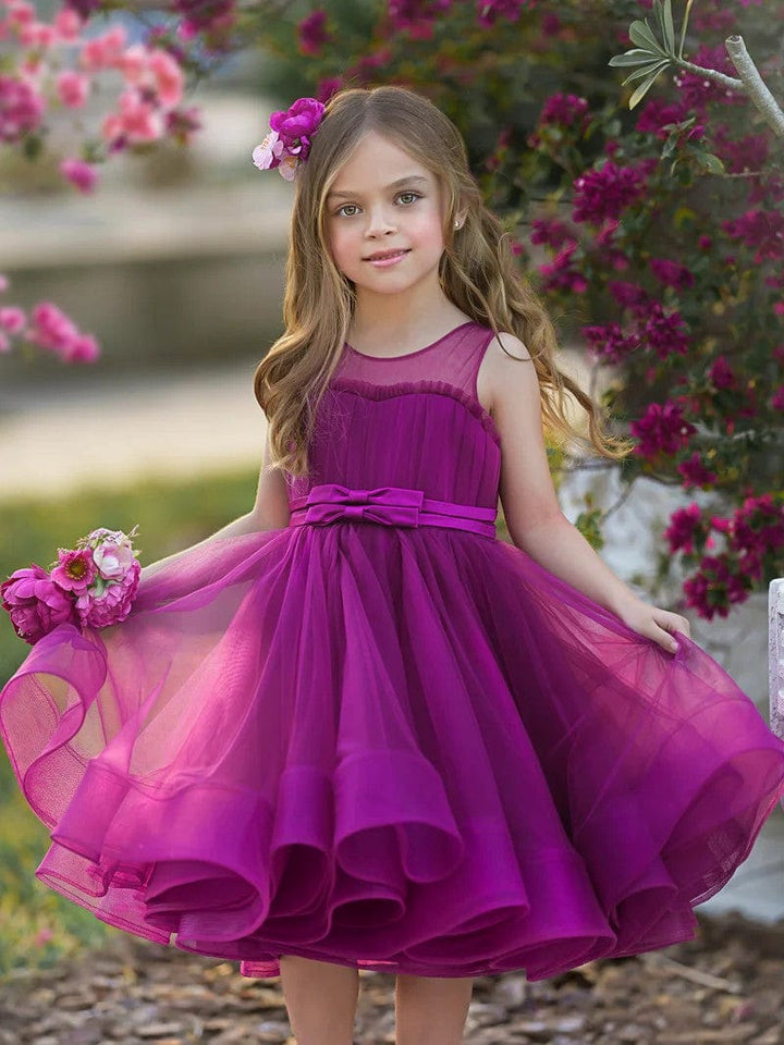 3m / Orchid Sunnypetal Elegant Sleeveless Tulle Bows Princess Flower Girl Dress for Wedding