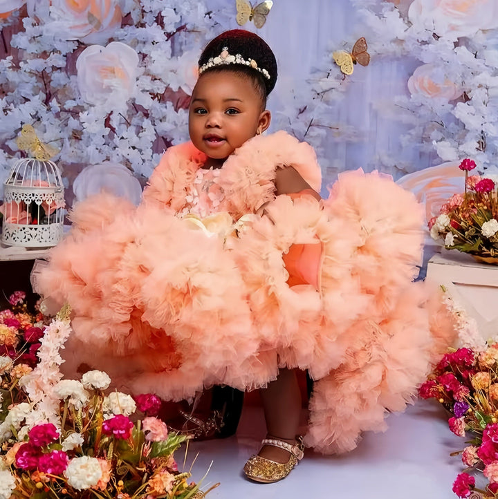 3m / Peach Pink Sunnypetal Peach Pink Flower Girl Dresses Ruffles Baby Girls Birthday Photos Prom Gowns