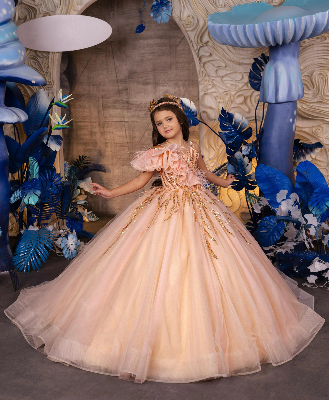 3m / Peach Sunnypetal Dreamy Ball-Gown Off-Shoulder Ruffled Feather Sequins Tulle Flower Girl Dresses