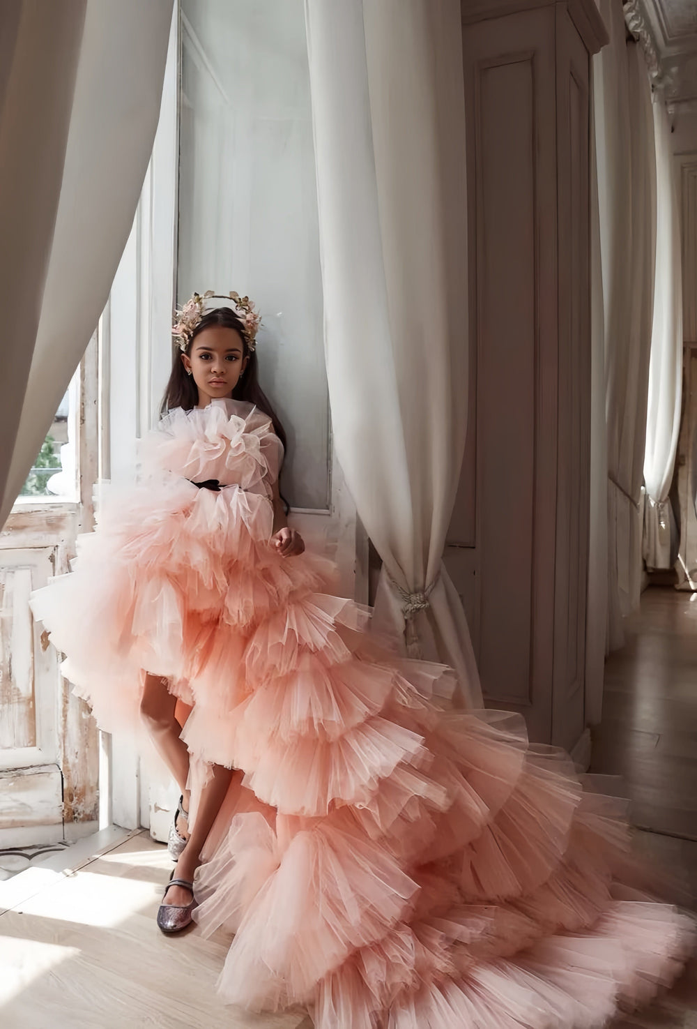 3m / Peach Sunnypetal Off-The-Shoulder Ruffled High Low Flower Girl Dresses