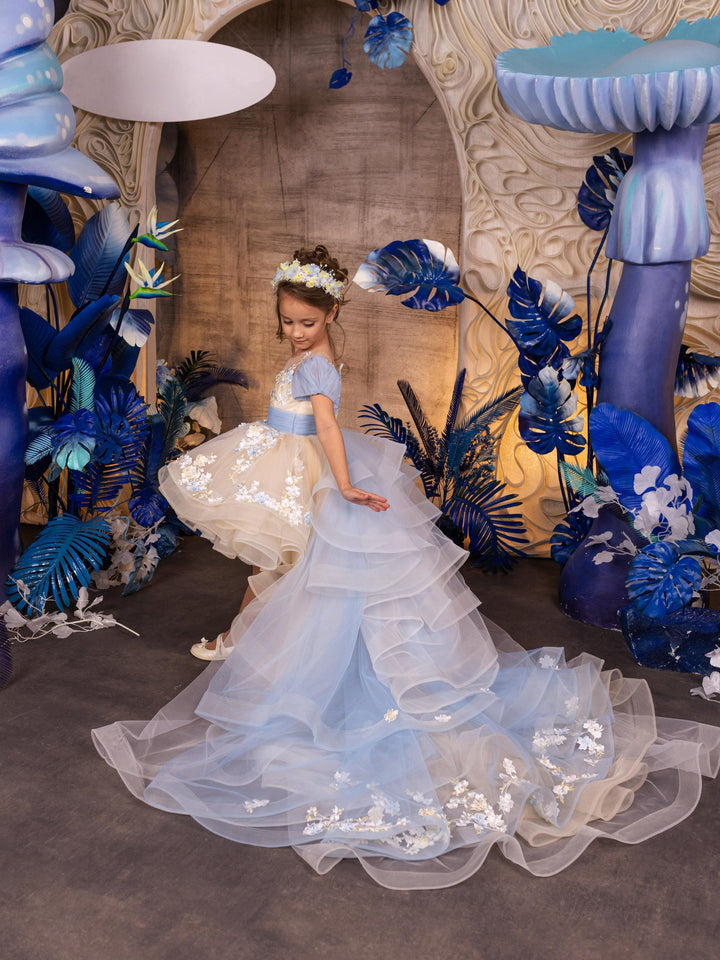 3m / Picture Color Sunnnypetal Dreamy Puff Sleeves Floral Appliques High-Low Tulle Flower Girl Gown