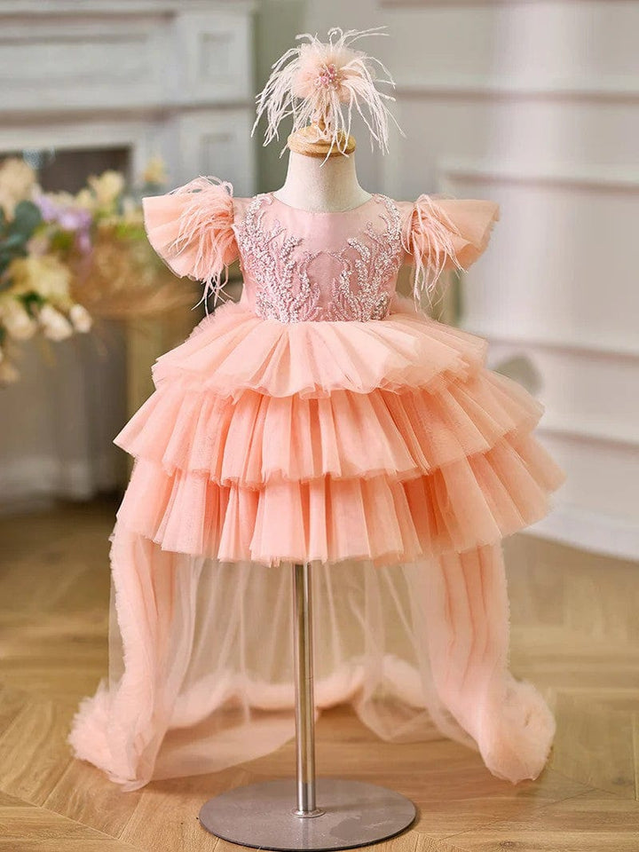 3m / Picture Color Sunnypetal Asymmetrical Ruffles Tulle Baby Girl Birthday Dress with Detachable Train