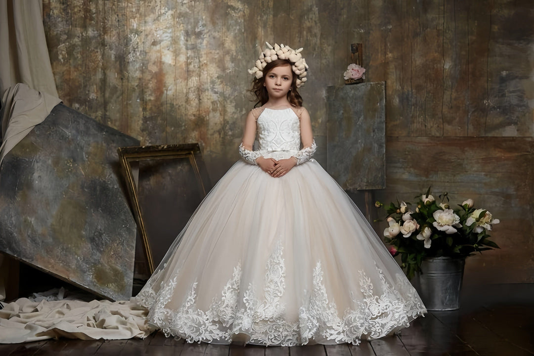 3m / Picture Color Sunnypetal Ball Gown Long Sleeves Lace Appliques Tulle Flower Girl Dresses with Bow