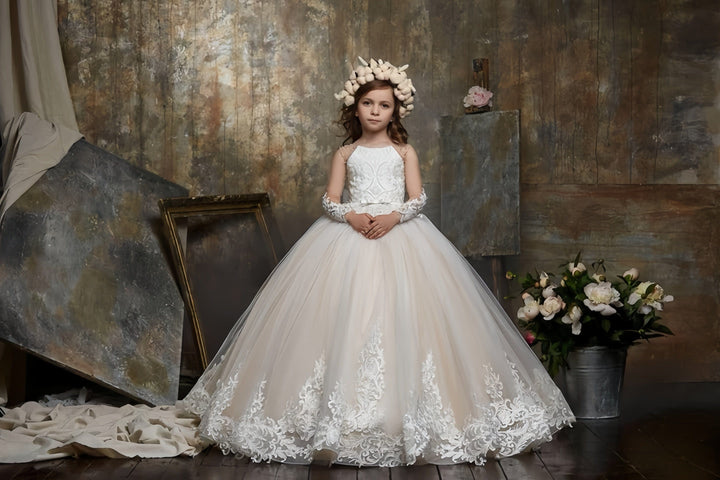 3m / Picture Color Sunnypetal Ball Gown Long Sleeves Lace Appliques Tulle Flower Girl Dresses with Bow