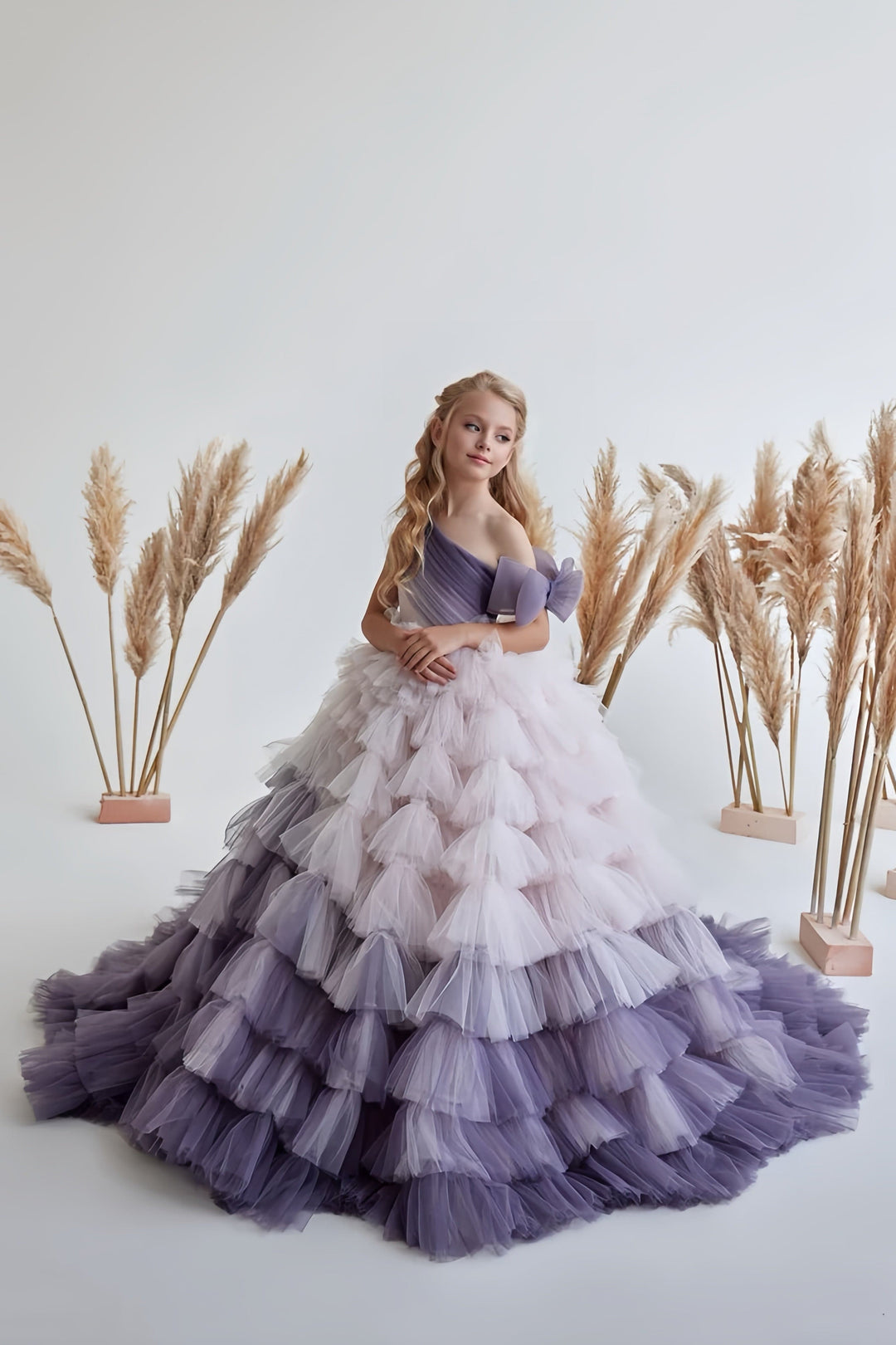 3m / Picture Color Sunnypetal Dreamy Ombre Off-Shoulder Ruffled Tulle Flower Girl Gown