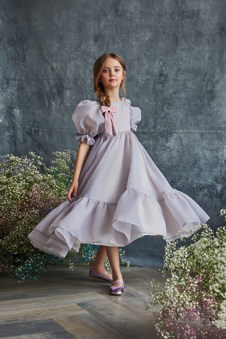 3m / Picture Color Sunnypetal Elegant Ankle-Length Puff Sleeves Flower Girl Dresses with Big Bow
