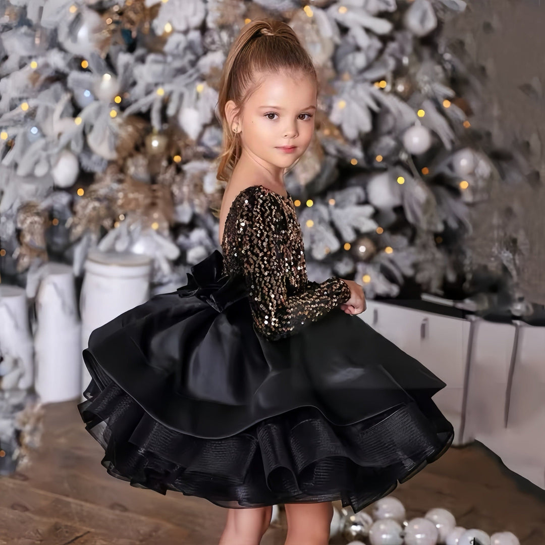 3m / Picture Color Sunnypetal Elegant Gold Sequins Black Flower Girl Dress Long Sleeves Ruffles Party Gown