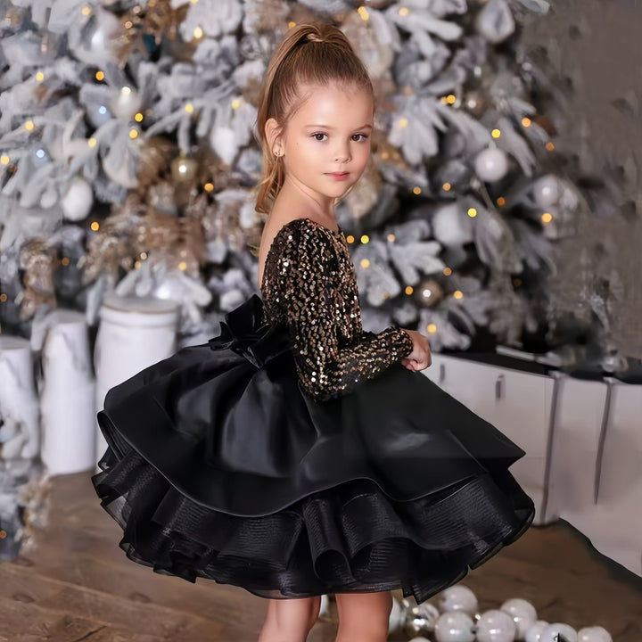 3m / Picture Color Sunnypetal Elegant Gold Sequins Black Flower Girl Dress Long Sleeves Ruffles Party Gown