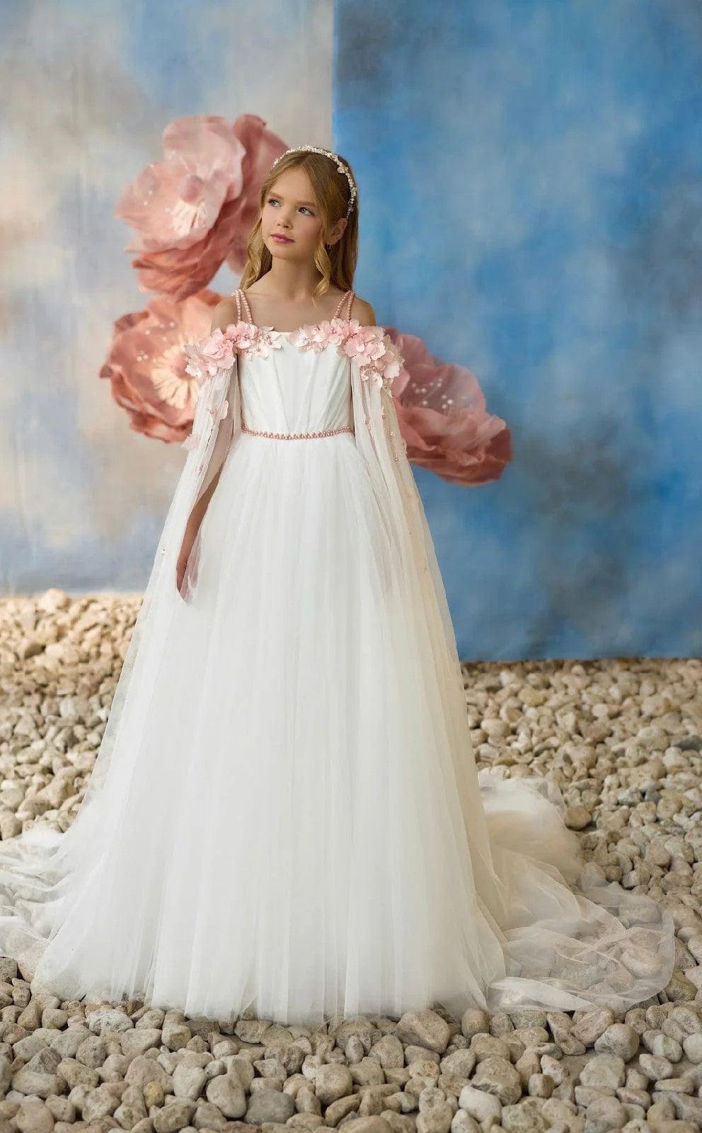 3m / Picture Color Sunnypetal Elegant Off-Shoulder 3D Flowers Long Princess Tulle Flower Girl Dresses